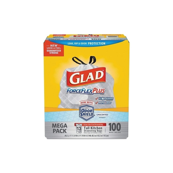 ForceFlex Tall Kitchen Drawstring Trash Bags, 13 gal, 0.72 mil, 23.75 in W x 24.88 in H, White, Odor Shield