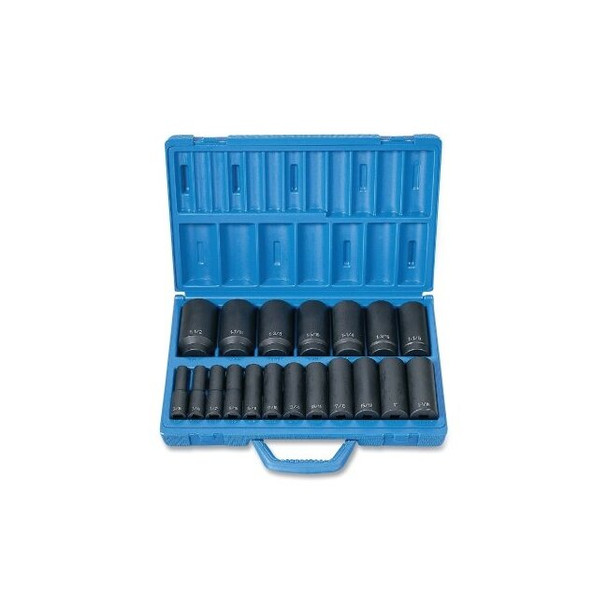 Impact Socket Set, 1/2 in Drive, SAE, 6-point, 3/8 in to 1-1/2 in, 19-Pc Deep Length Master