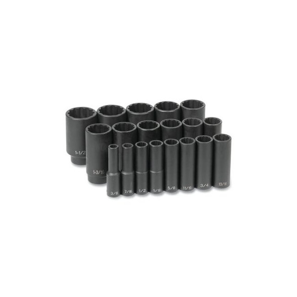 Impact Socket Set, 1/2 in Drive, SAE, 12-point, 3/8 in to 1-1/2 in, 19-Pc Deep Length
