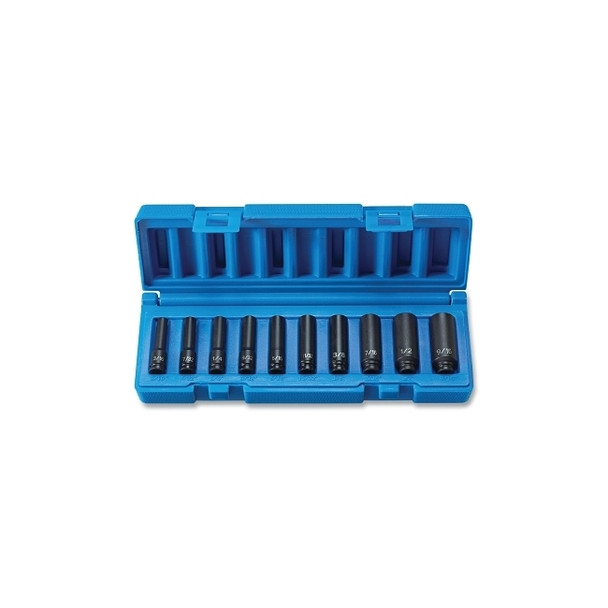 Impact Socket Set, 1/4 in Dr, SAE, 6s-point, 3/16 in to 9/16 in, 10-Pc Deep Length Surface Drive