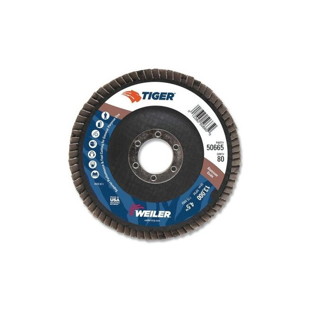 Tiger® Disc Abrasive Flap Disc, 4-1/2 in dia, 7/8 in arbor, 80 grit, 13000 RPM