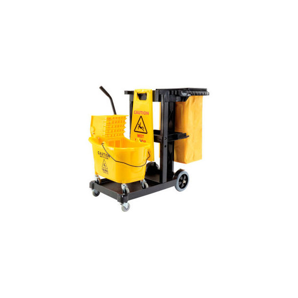 Global Industrial Janitor Cart Black with Mop Bucket and Wet Floor Sign