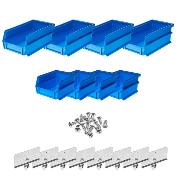 Hanging Bins and Bin Clip Kit, Polypropylene, Blue, (4) Small and (4) Large