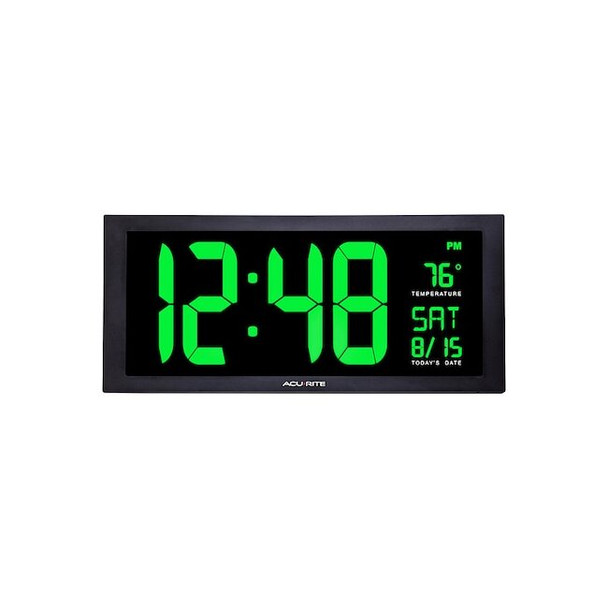 Jumbo Digit Calendar Clock W/ Indoor Temperature, 18", Green