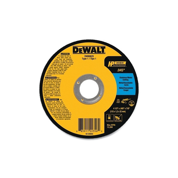 High Performance™ Cutting Wheel, Type 1, 4-1/2 in dia x 0.045 in Thick x 7/8 in Arbor, 60 Grit, Aluminum Oxide
