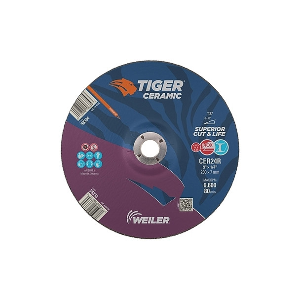 Tiger® Grinding Wheel, 9 in dia x 1/4 in Thick x 7/8 in Arbor, 24 Grit, Ceramic Alumina, Type 27, 10 EA/BX