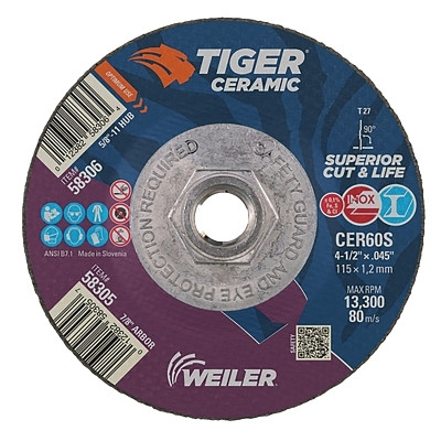 Tiger™ Ceramic Cutting Wheel, 4.5 in Diameter., 0.045 in Thick, 60 Grit, Ceramic Alumina