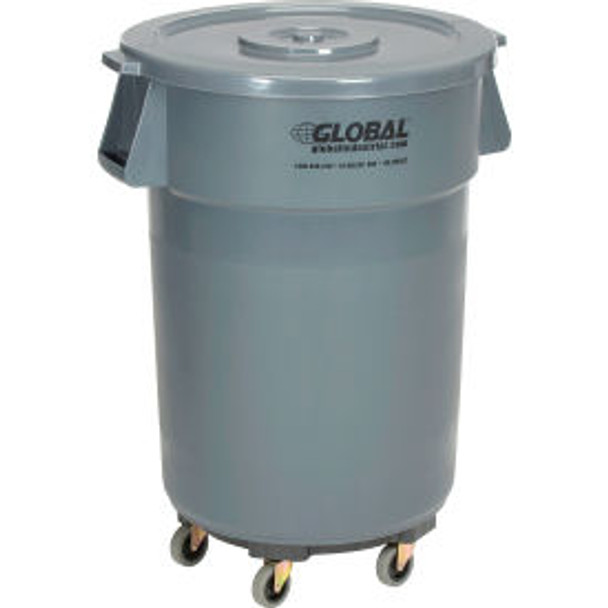 Global Industrial Plastic Trash Can with Lid & Dolly - 44 Gallon Gray
