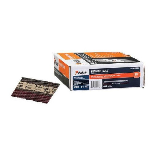 Collated Framing Nail, 3 in L, 11 ga, Brite, Flat Head, 30 Degrees, 2500 PK