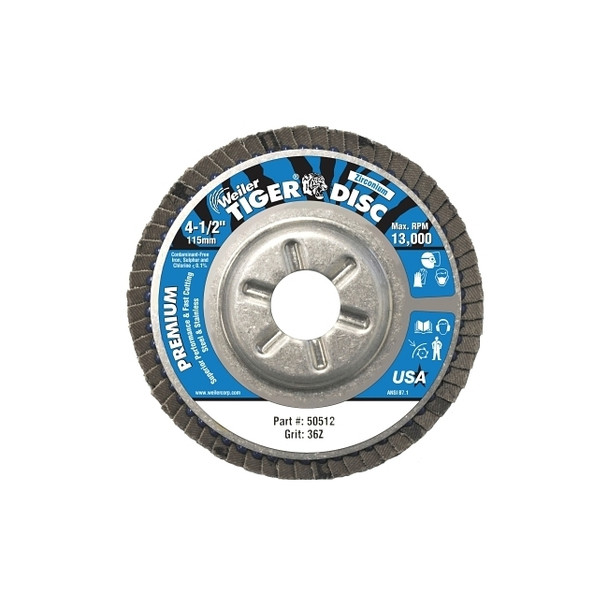 Tiger Disc Angled Style Flap Discs, 4 1/2 in, 36 Grit, 7/8 Arbor, Aluminum Back