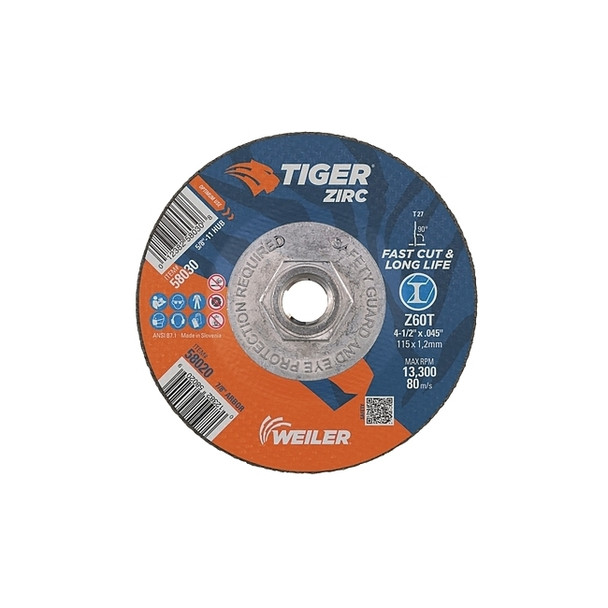 Tiger® Zirc Cutting Wheel, 4-1/2 in dia, 0.045 in Thick, 5/8 in-11 UNC Arbor, Zirconia Alumina, Type 27, Z60T