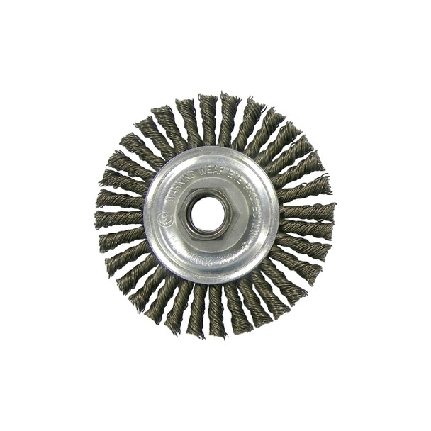 Wolverine® Knot Wire Wheel, Stringer Bead Twist, 4 in dia x 3/16 in W Face, 5/8 in-11 UNC, 0.020 in Steel Wire, 20000 RPM