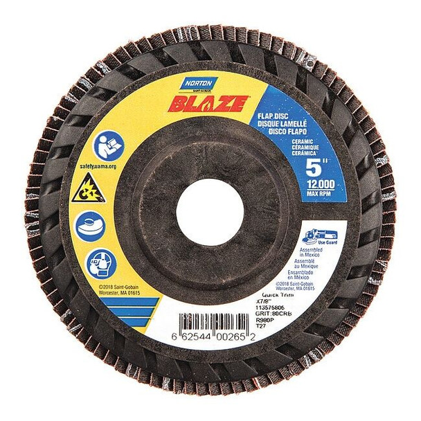 Norton Abrasives Fiber Disc,5 in Dia,7/8in Arbor,80 Grit 66254400265