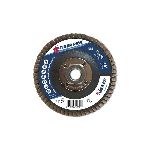 Tiger Paw™ TY29 Coated Abrasive Flap Disc, 4-1/2 in dia, 36 Grit, 5/8 in-11, 13000 rpm