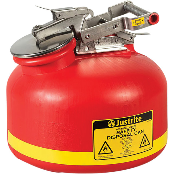 Safety Can for Liquid Disposal, S/S hardware, 2 gallon, flame arrester, polyethylene, Red 14762