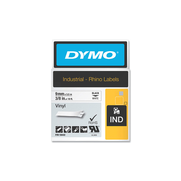 Industrial Rhino™ Vinyl Label Cartridge, 3/8 in W x 18 ft L, Black Print on White Background Pack of 5
