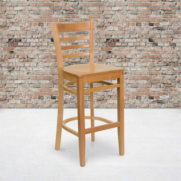 HERCULES Series Ladder Back Natural Wood Restaurant Barstool, PK2