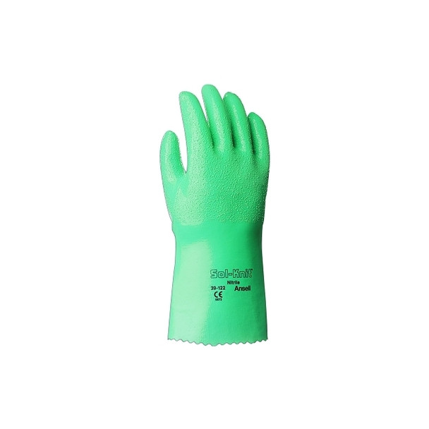 39-122 12 in Reinforced Nitrile Gloves, Gauntlet Cuff, Interlock Knit Cotton Lined, Size 9, Green Pack of 12