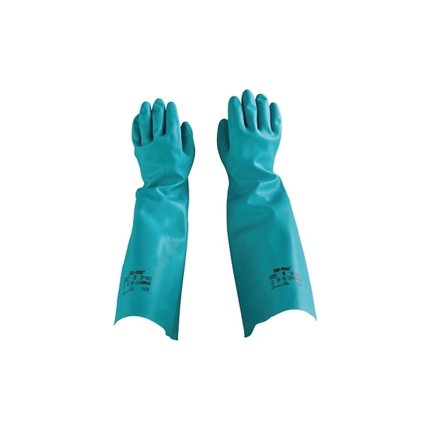 37-185 Nitrile Gloves, Gauntlet Cuff, Unlined, Size 9, Green, 22 mil Pack of 12