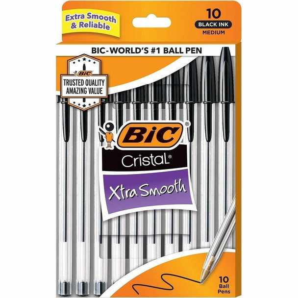 BIC Cristal Ballpoint Stick Pens - Black Ink - Clear Barrel - 10 / Pack