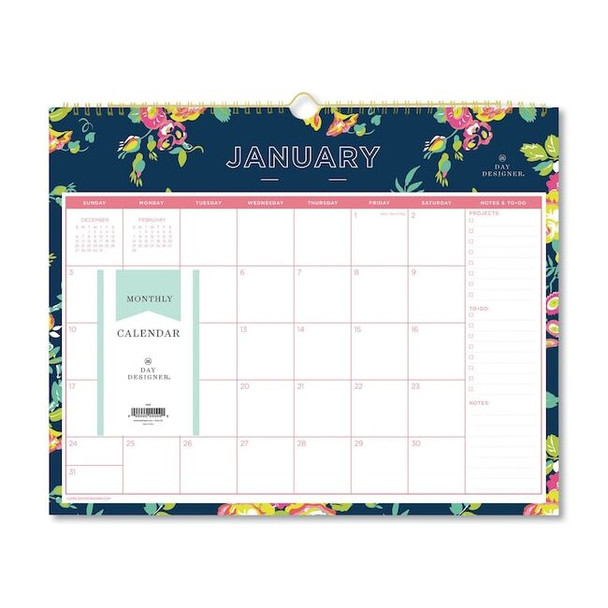 Day Designer Wirebound Wall Calendar, 15 x 12, Navy Floral, 2020