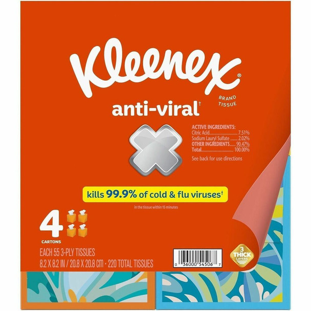 Kleenex Anti-viral Facial Tissue - 3 Ply - WhiteBox - 55/Box - 4 / Pack