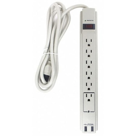 Outlet Strip, Surge, USB, 6 5-15R, 5-15P, 6 ft., White