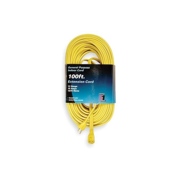 SPT-3 Indoor Extension Cord, 12 AWG 1 Outlet, 5-15R, Yellow, 5-15P, 100ft