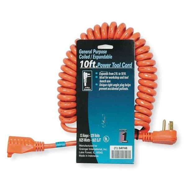 Manufacturer Varies Coiled Ext Cord,10ft,16Ga,13A,SJT,Orange 3AY48