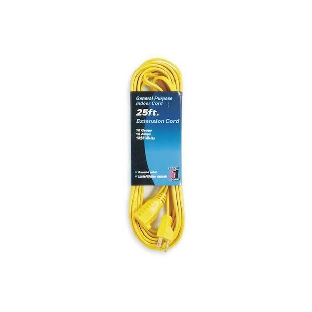 SPT-2 Indoor Extension Cord, 16 AWG 1 Outlet, 5-15R, Yellow, PVC, 5-15P, 25ft
