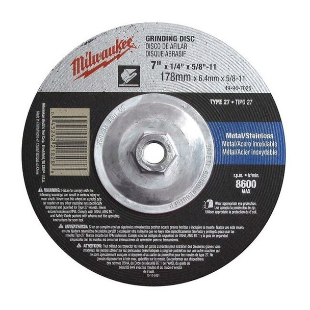Milwaukee Tool 7" x 1/4" x 5/8-11" Grinding Wheel (Type 27) 49-94-7025