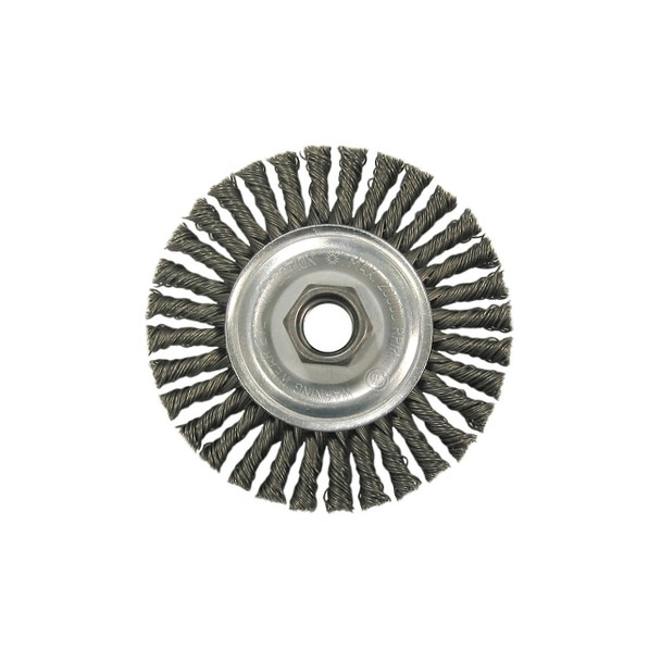 Wolverine® Knot Wire Wheel, Stringer Bead Twist, 4 in dia x 3/16 in W Face, 5/8 in-11 UNC, 0.020 in SS Wire, 20000 RPM