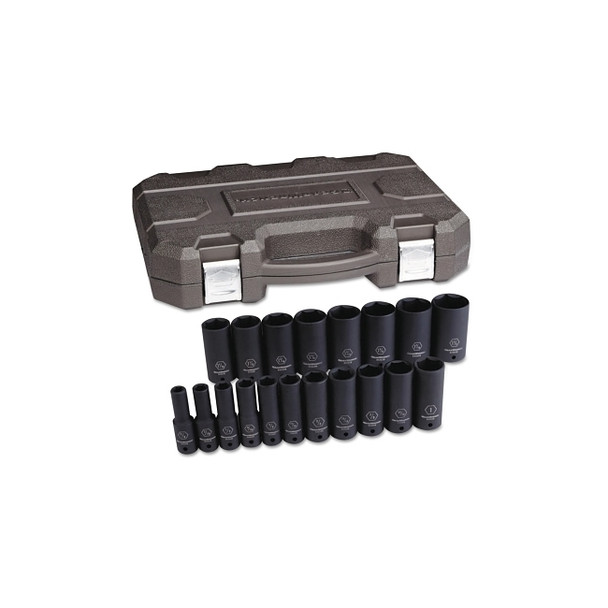 Impact Socket Set, 1/2 in Dr, 6-point, SAE, 3/8 in to 1-1/2 in, 19-Pc Deep Length, Incl Blow Mold Case