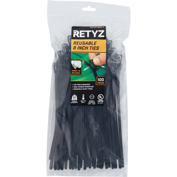 RETYZ EveryTie 8 In. Black Releasable Tie (100-Pack) EVT-S08BK-TA