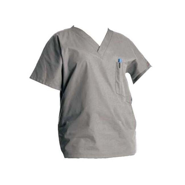 Scrub Shirt, Cotton/Polyester, Short Sleeve, 3 Pockets, V-Neck, Gray, Size XL