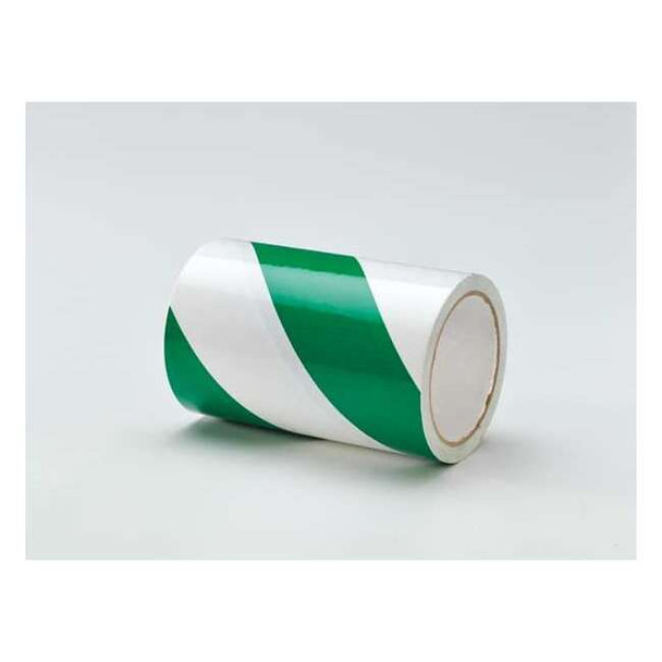 Floor Marking Tape, vinyl, Striped, Green, White, 6 in W., 7 mil Thickness