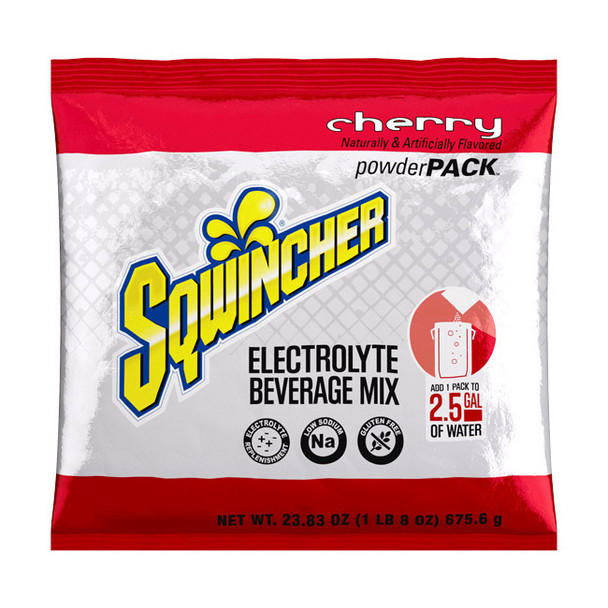 Sqwincher® Regular Powder Packs, 23.83 oz Packs, 2.5 gal Yield, Cherry, 32/Case