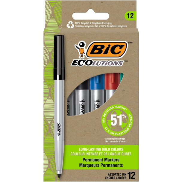 BIC Ecolutions Permanent Marker - Blue, Green, Black, Red Ink - 12 / Dozen
