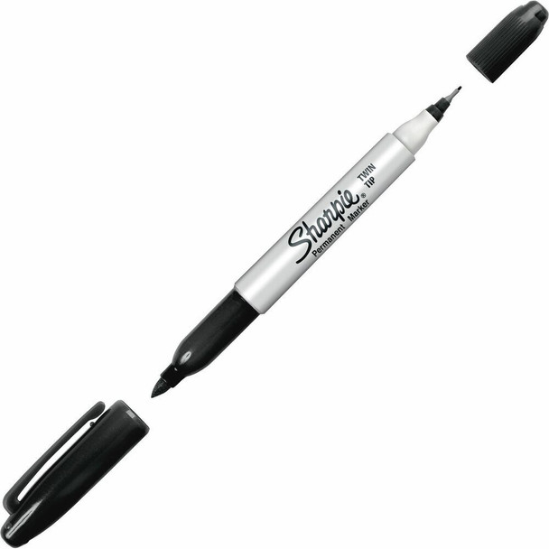Sharpie Twin Tip Permanent Markers - Black Ink - 12 / Dozen