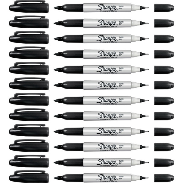 Sharpie Twin Tip Permanent Markers - Black Ink - Alcohol Based - 12 / Box