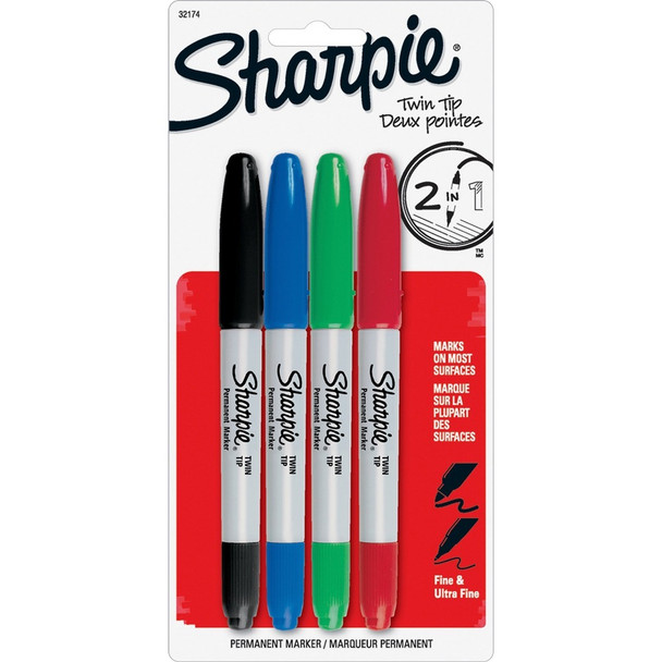 Sharpie Twin-Tip Markers - Black, Red, Blue, Green Ink - Alcohol Based - 4 / Set