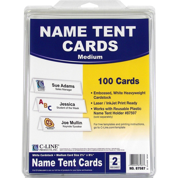 C-Line Embossed Cardstock Name Tents - Letter - 8 1/2" x 11" - White - 100 / Box