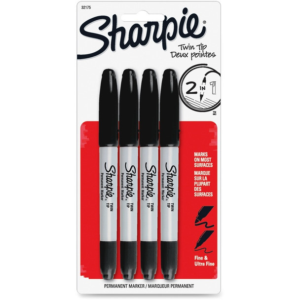 Sharpie Twin Tip Permanent Markers - Black Ink - Alcohol Based - 4 / Pack
