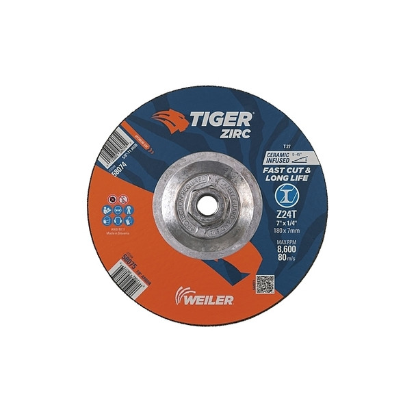 Tiger® Grinding Wheel, 7 in dia x 1/4 in Thick x 5/8 in-11 Arbor, 24 Grit, Zirconia Alumina/Ceramic, Type 27, 10 EA/PK Pack of 10