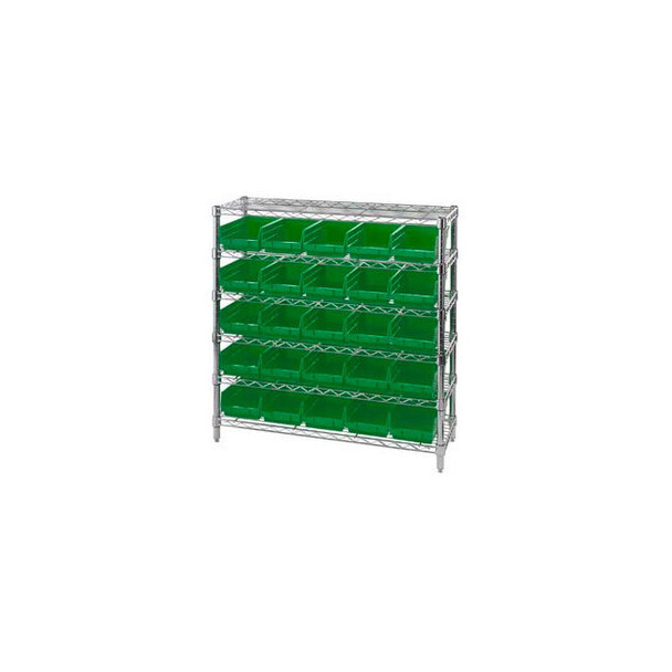 Global Industrial Chrome Wire Shelving with 25 4""H Plastic Shelf Bins Green 36x