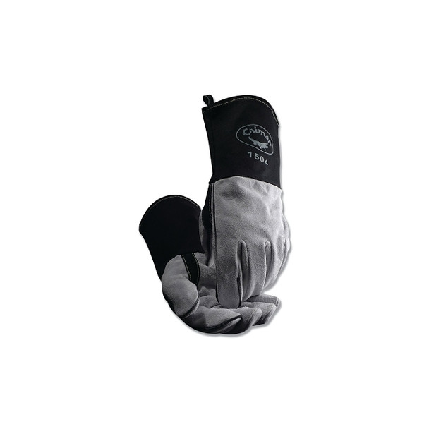 1504 Cow Split Flame Resistant Cotton Cuff MIG/Stick Welding Gloves, Large, Black/White, 4 in Gauntlet Cuff