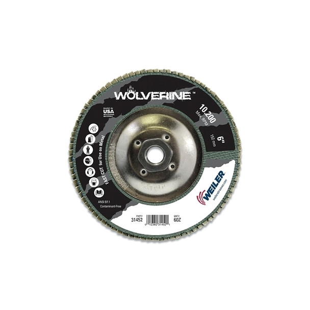 Wolverine™ Abrasive Flap Disc, 6 in dia, 60 grit, 5/8 in to 11 in arbor, 10200 RPM