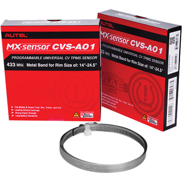Programmable CV TPMS Sensor with metal band for rims sized 14 to 24.5 inches 300170