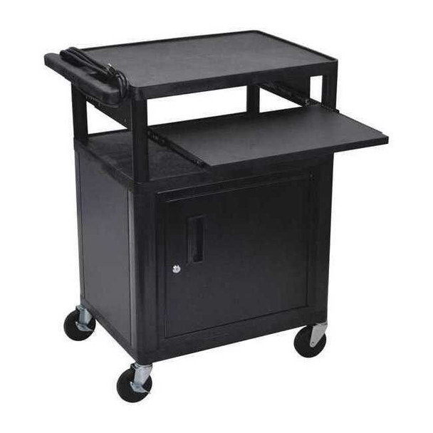 34"H AV Cart - 3 Shelves, Cabinet, Front Pullout Keyboard Shelf - Black