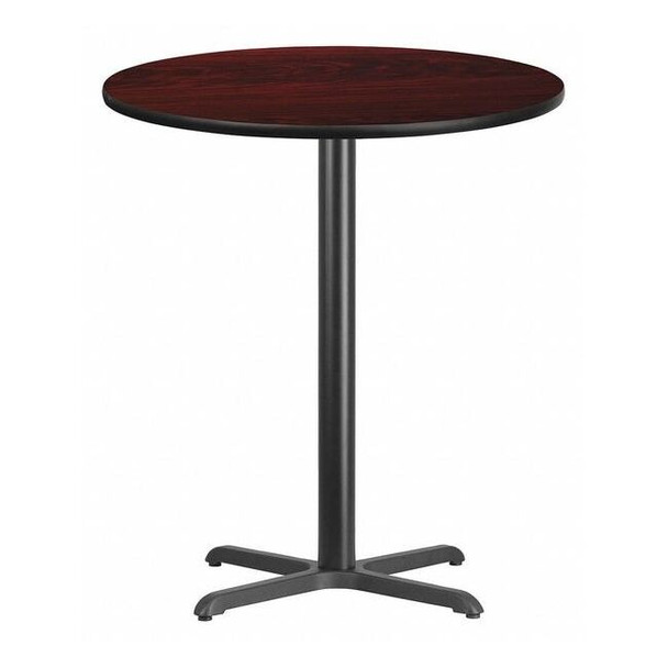 Round Mahogany Laminate Table w/Rnd Base,36", Laminate Top, Wood Grain